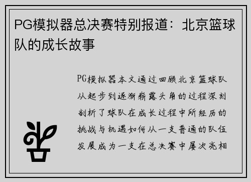 PG模拟器总决赛特别报道：北京篮球队的成长故事